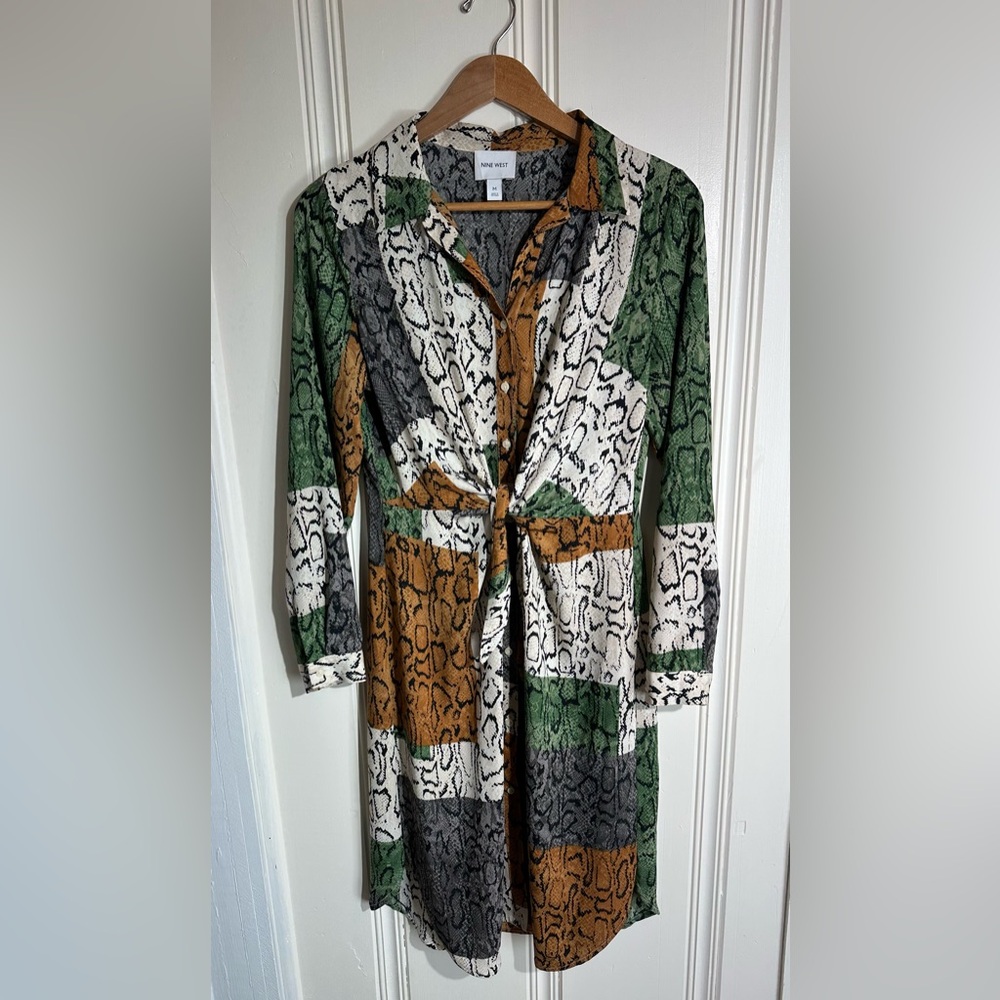 Nine West Women M Green Brown Snake Skin Button Front Knot Tie Waist Shirt Dress